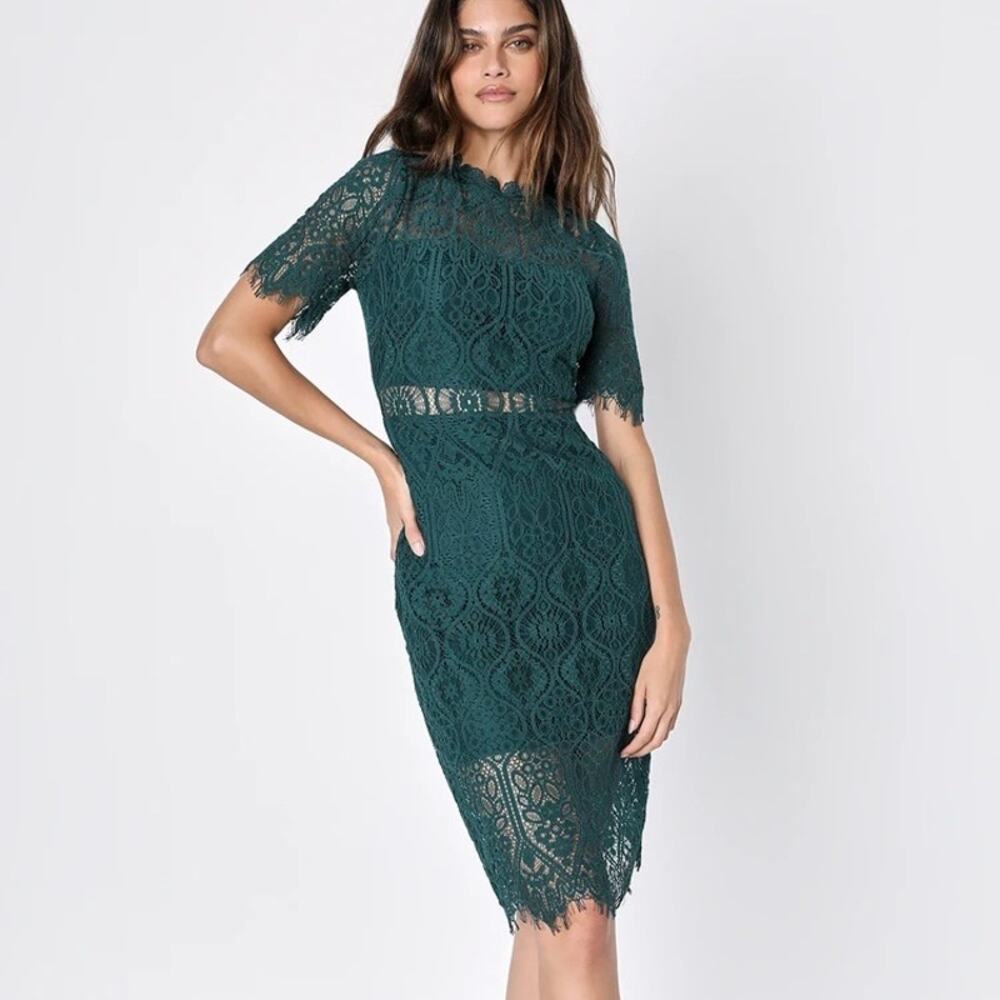 LULUS Remarkable Sheer Lace Short Sleeve Midi Dress Forest Green Medium M